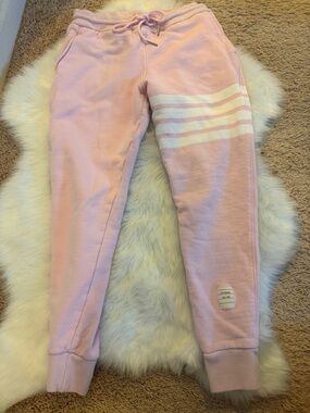 Thom Browne Bar Stripe Pink Tapered Ribbed Cotton Sweatpants Jogger Women size 0